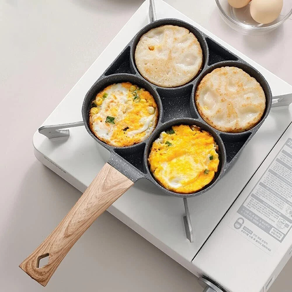 4 Holes Egg Fry Pan Pancake Maker Non-stick Egg Hamburger Pan W/ Wooden Handle