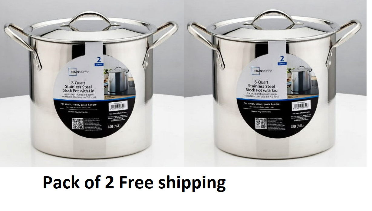 (2 Pack) Mainstays 8-Qt Stainless Steel Stock Pot with Metal Lid
