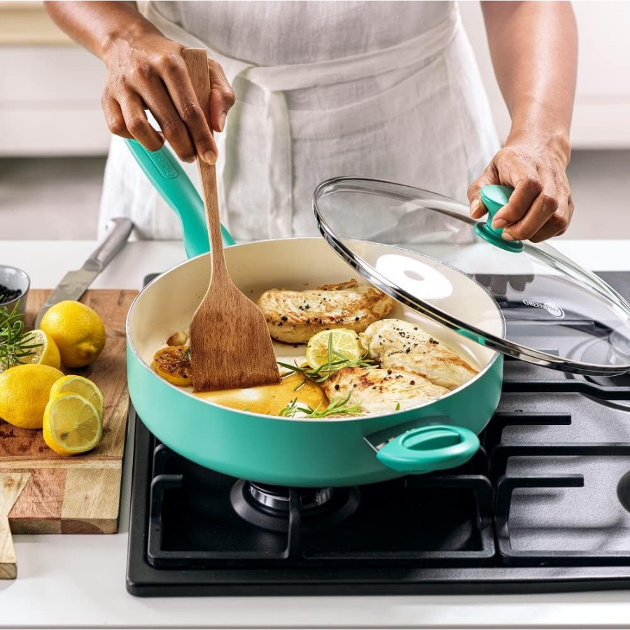 GreenPan Rio Ceramic Nonstick 5-Quart Saute Pan w/Lid Dishwasher Safe, Turquoise