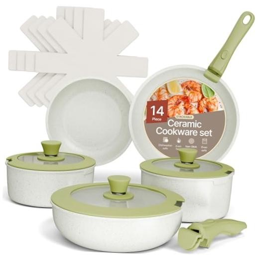 Pots and Pans Set Non Stick Ceramic-Granite – 14 14 Piece Set Green Marble