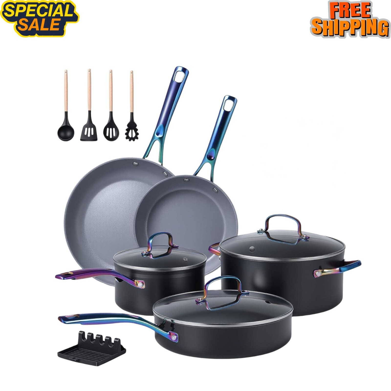 NEW 17PCS Ceramic Cookware Set Non Stick Induction Pots and Pans Black