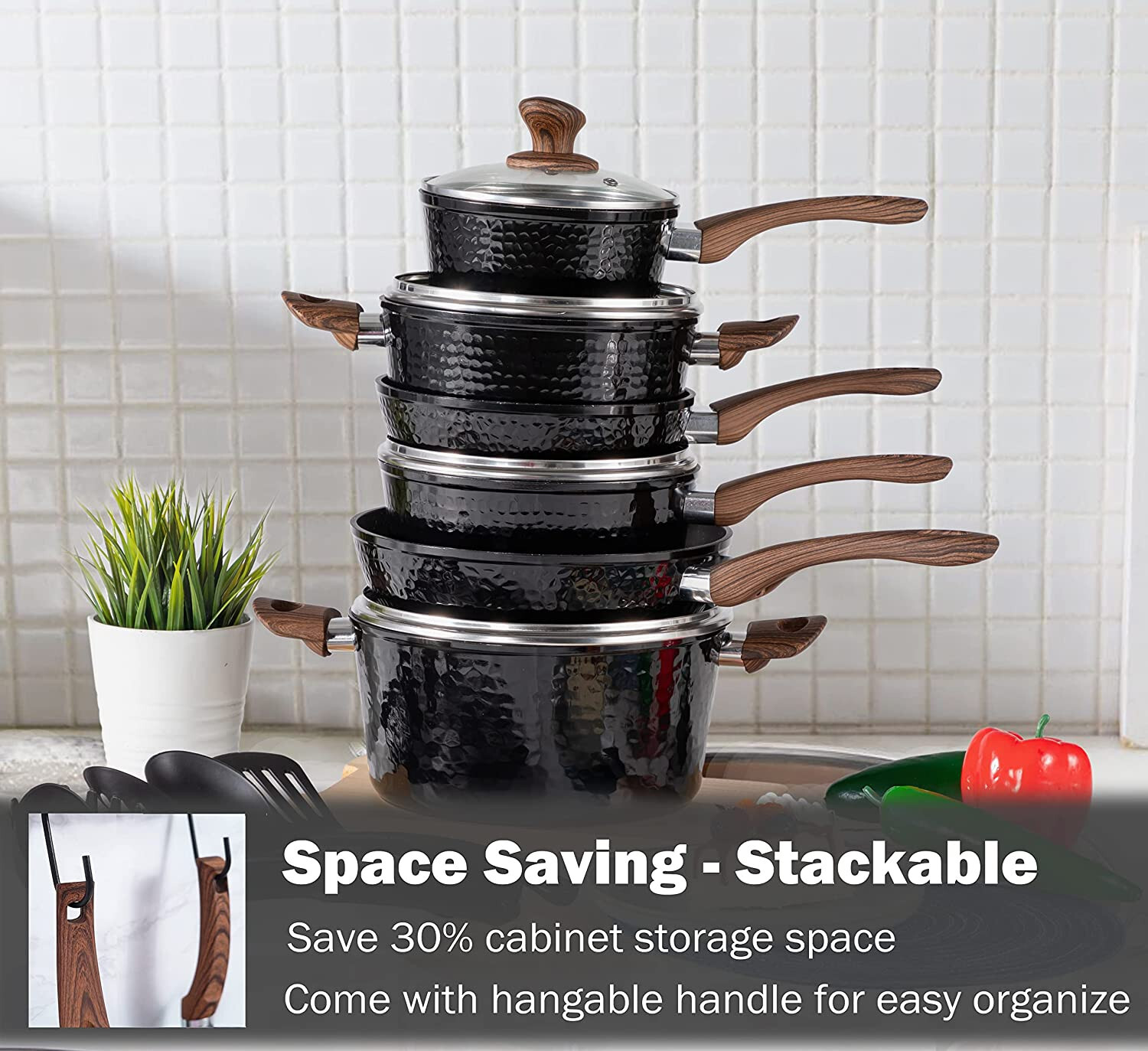 15 Piece Hammered Cookware Set Nonstick Granite Coated Pots and Pans Set Black