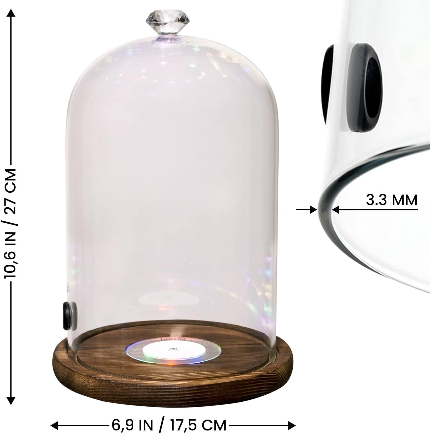 Smoking Gun Accessory LED lights Glass Dome 10.2 x 5.5 Lid Wooden Base Glass