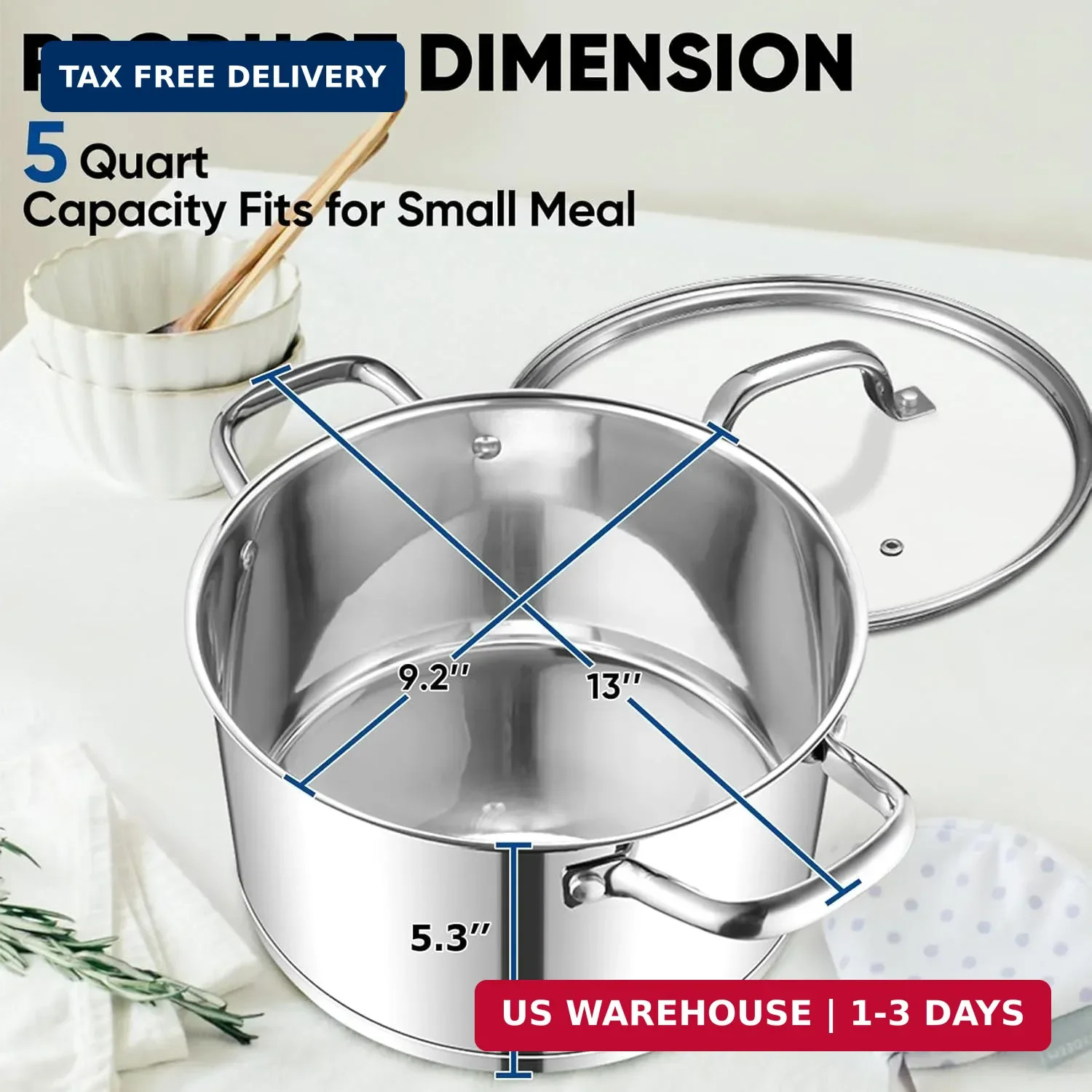 TeamFar 5 QT Stock Pot, Tri-ply Bottom Stainless Steel Stockpot Cooking Soup Pas