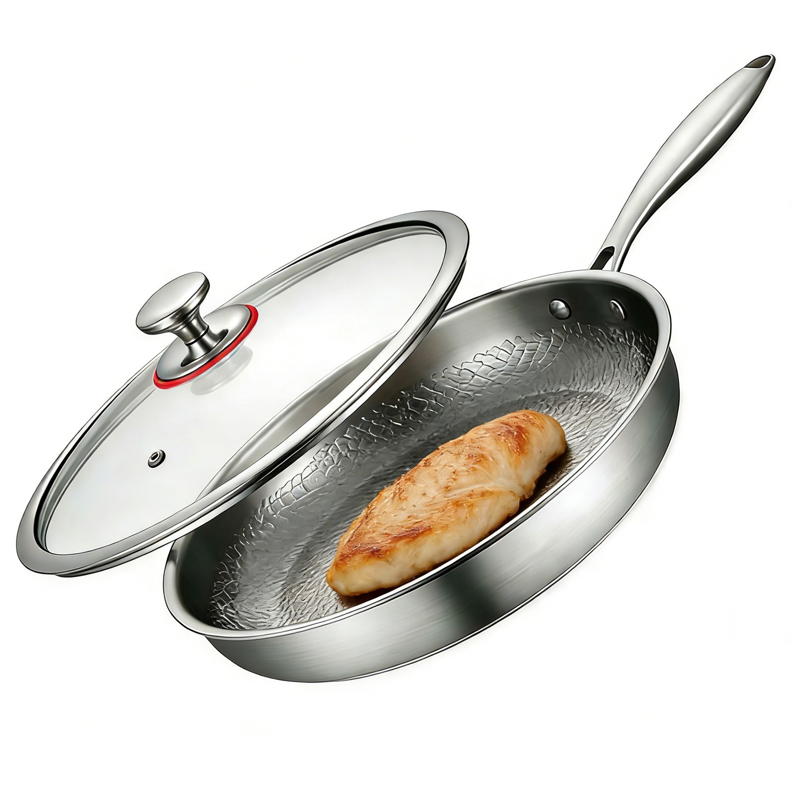 28cm Uncoated Frying Pan w/Lid, Kitchen Non Stick Titanium Pan Scratch-Resistant
