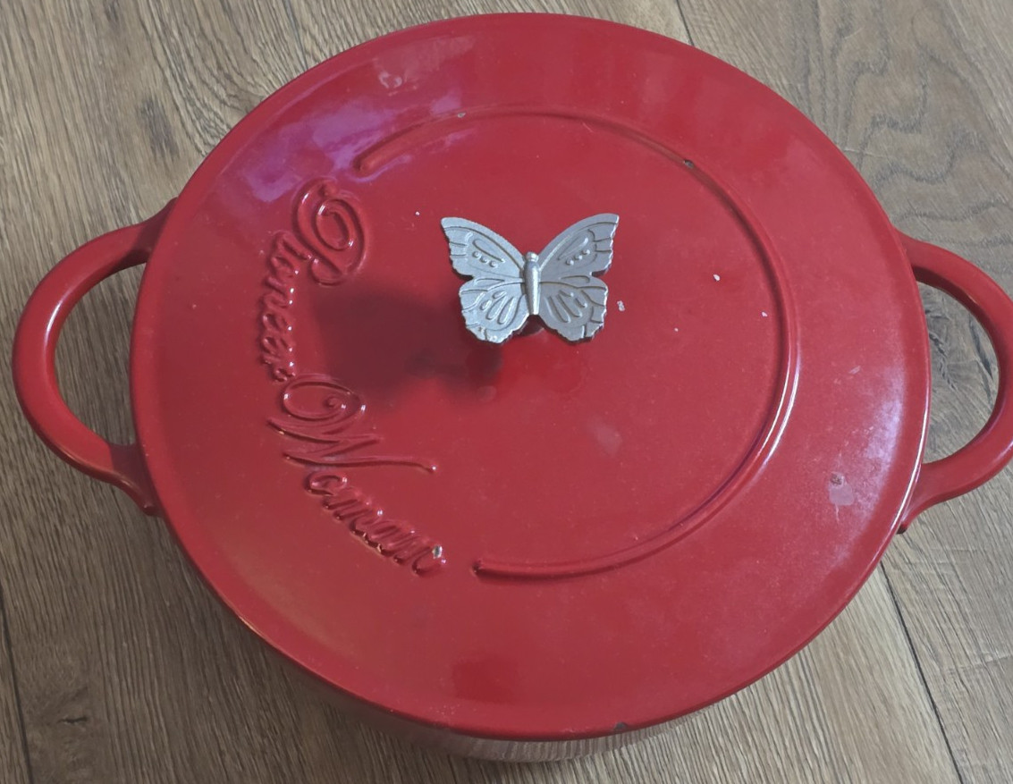 Vintage Pioneer Woman Butterfly Knob Cast Iron Enamel Dutch Oven Pot Cookware