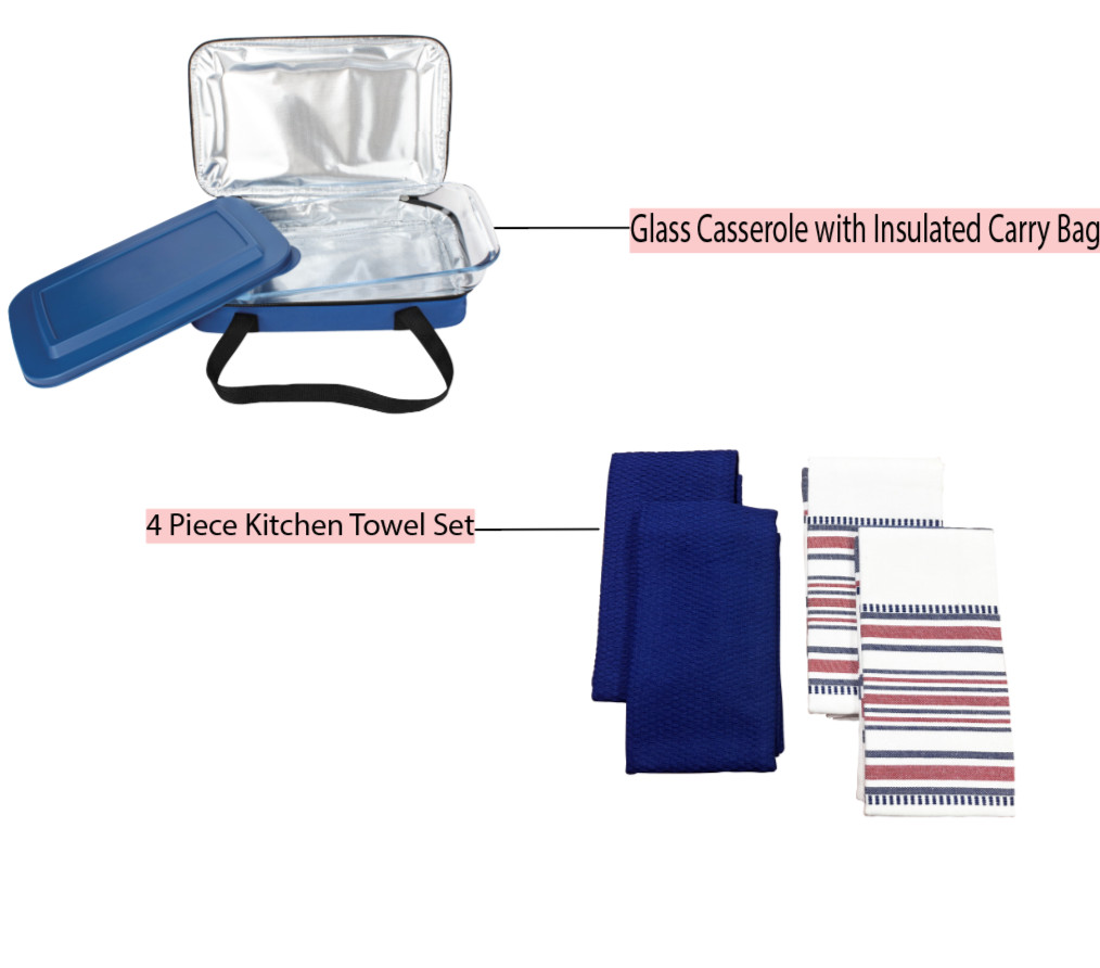 Le Regalo Blue Insulated Casserole Carrier with Glass Dish + FREE Kitchen Towels
