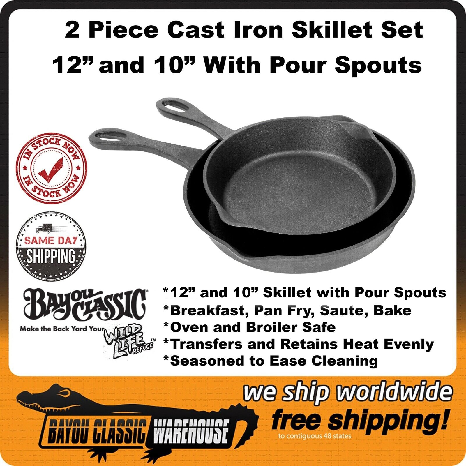 Cast Iron 2 Piece Skillet Set 10″ and 12″ With Pour Spouts Bayou Classic 7451