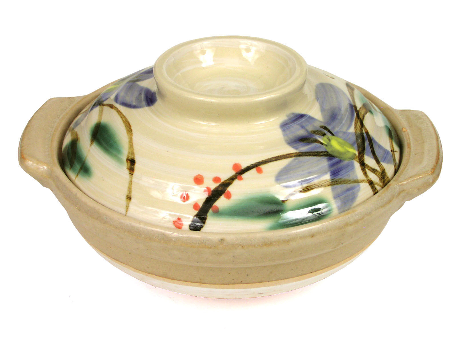 Japanese 10″D Earthenware Donabe Casserole Pot & Lid Kikyo Flower, Made In Japan