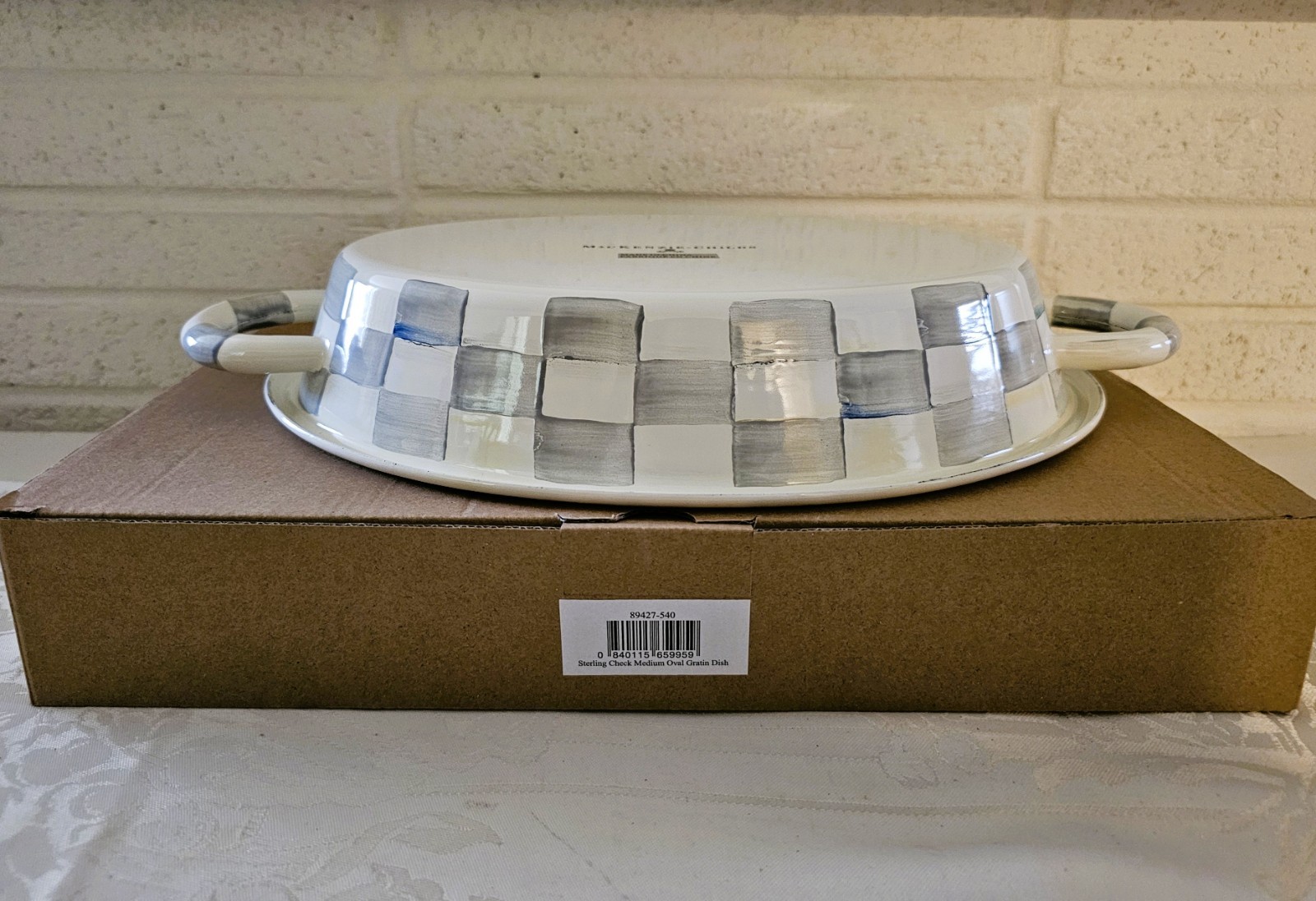 Mackenzie Childs STERLING CHECK ENAMEL MEDIUM OVAL GRATIN DISH Hand-Painted