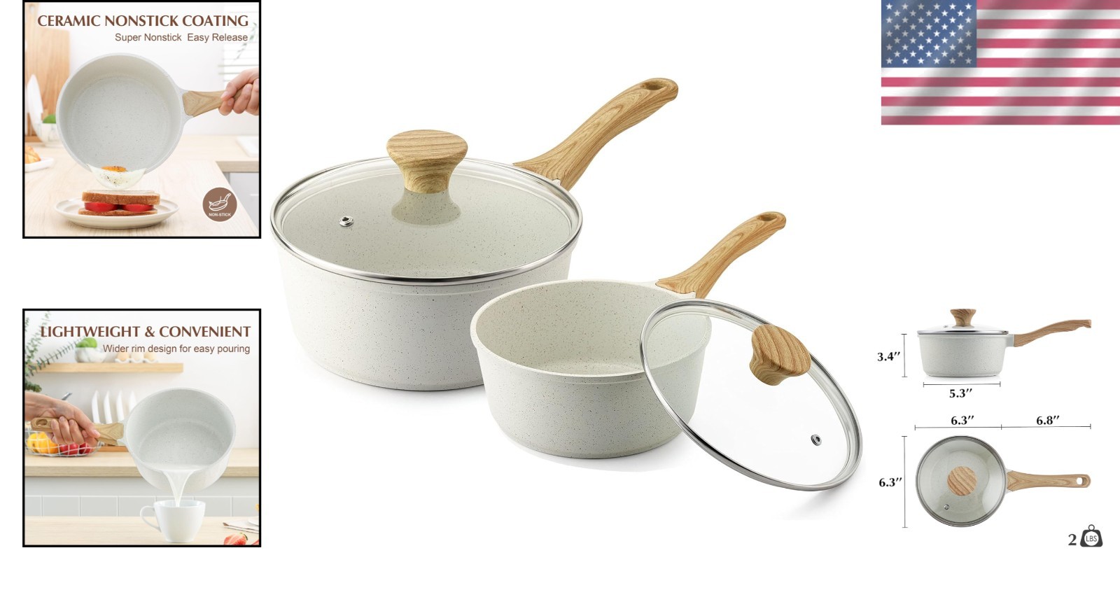 Compact 1.5QT & 2.5QT Nonstick Ceramic Saucepan Set – Easy Clean & Versatile