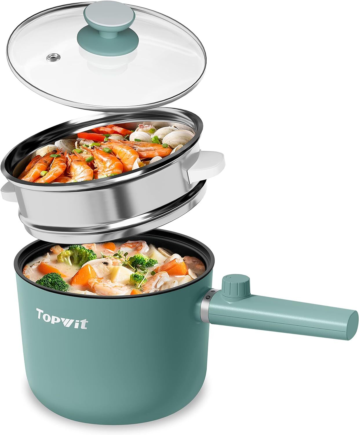 Topwit Hot Pot Electric with Steamer, 1.5L Ramen Cooker, Non-Stick Frying Pan…
