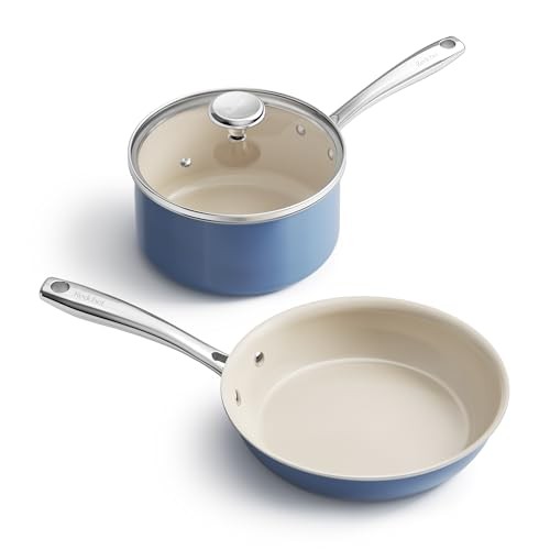 Saucepan & Frying Pan Set, 8″ Ceramic Frying pan & 2.5Qt Saucepan 3pc Set Blue