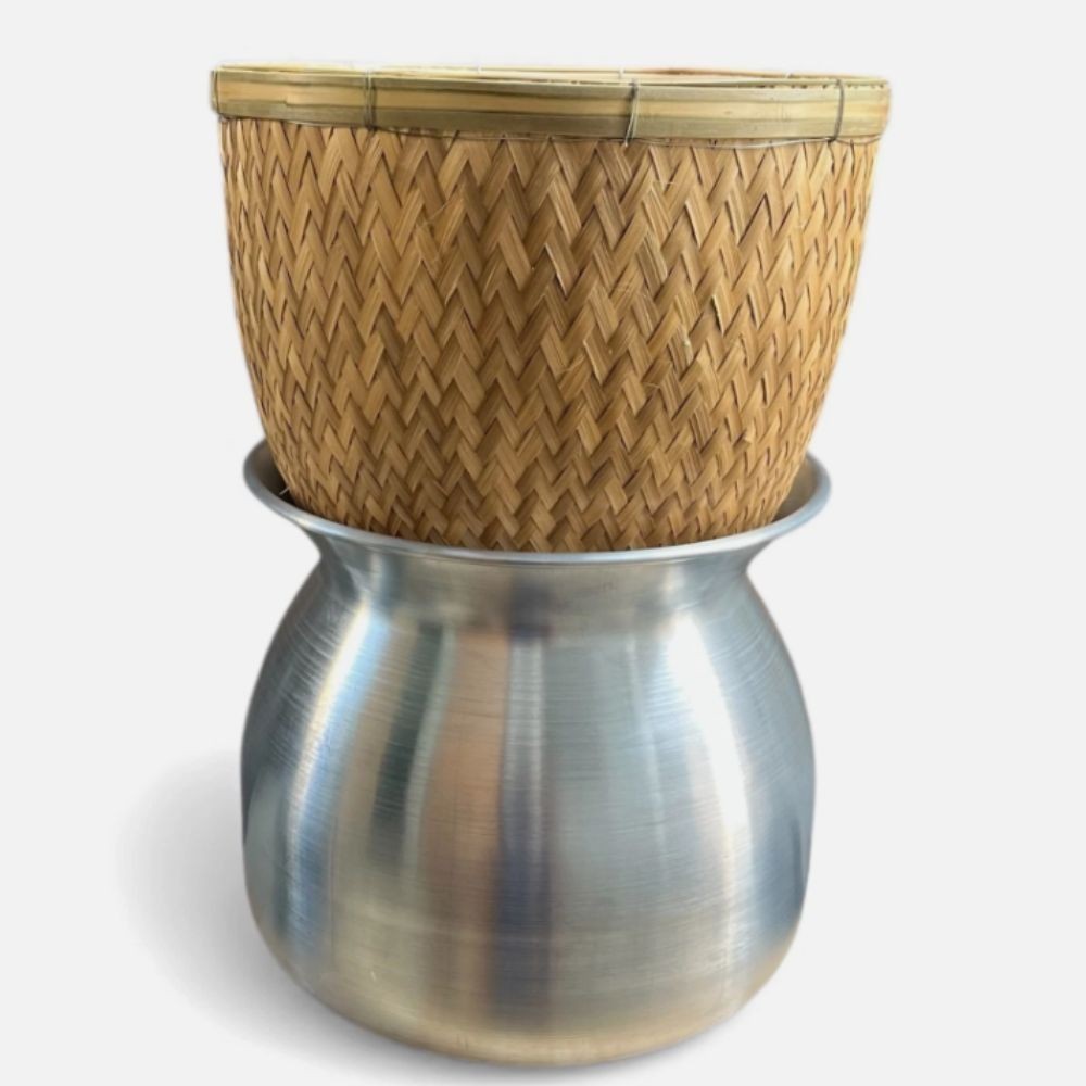2-Piece Thai Sticky Rice Steamer Aluminum Pot with Bamboo Basket Huad Cooker Set