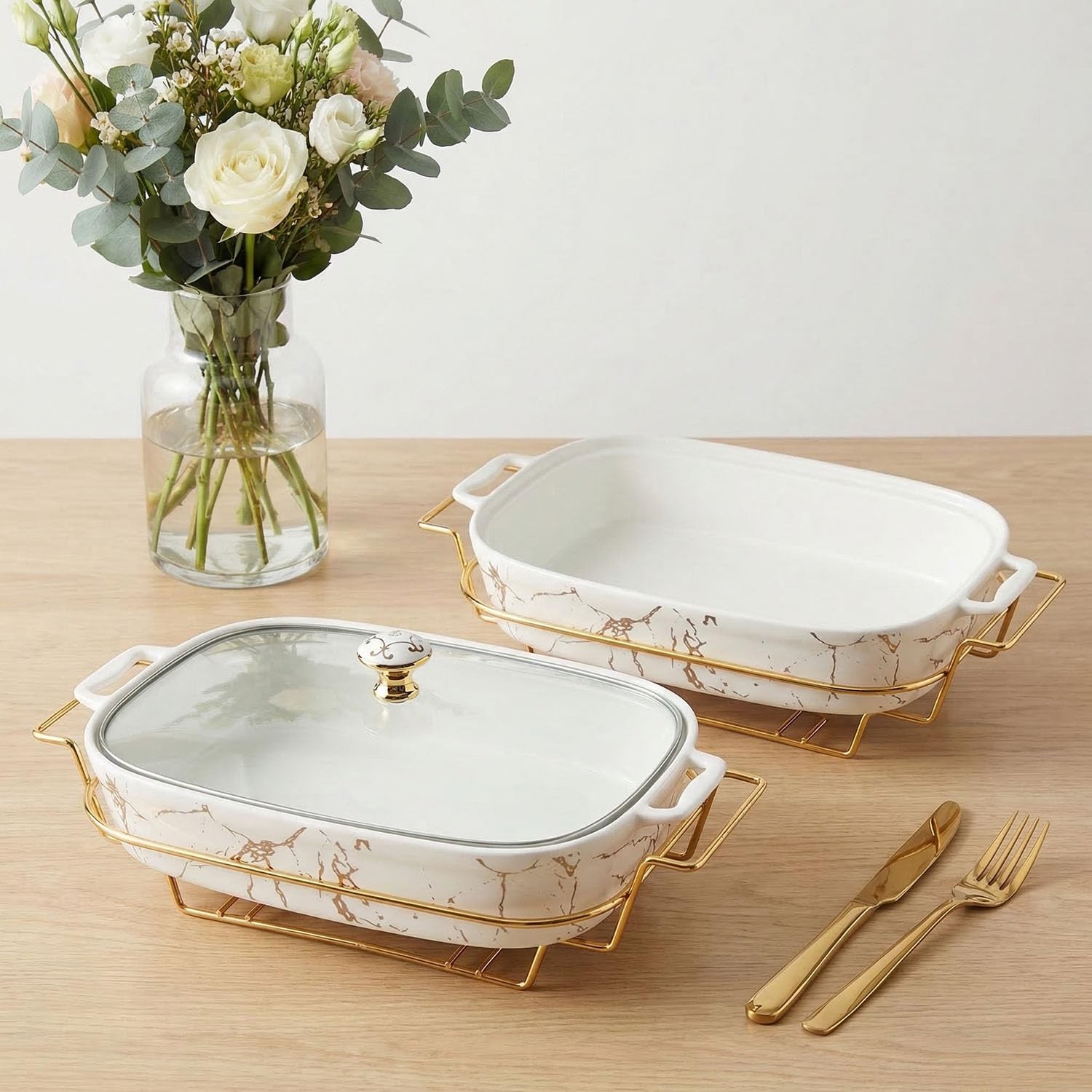 Jinsongdafa 13 X 9 Ceramic Casserole Dish Glass Lid And Rack 2.2 Quart Serving