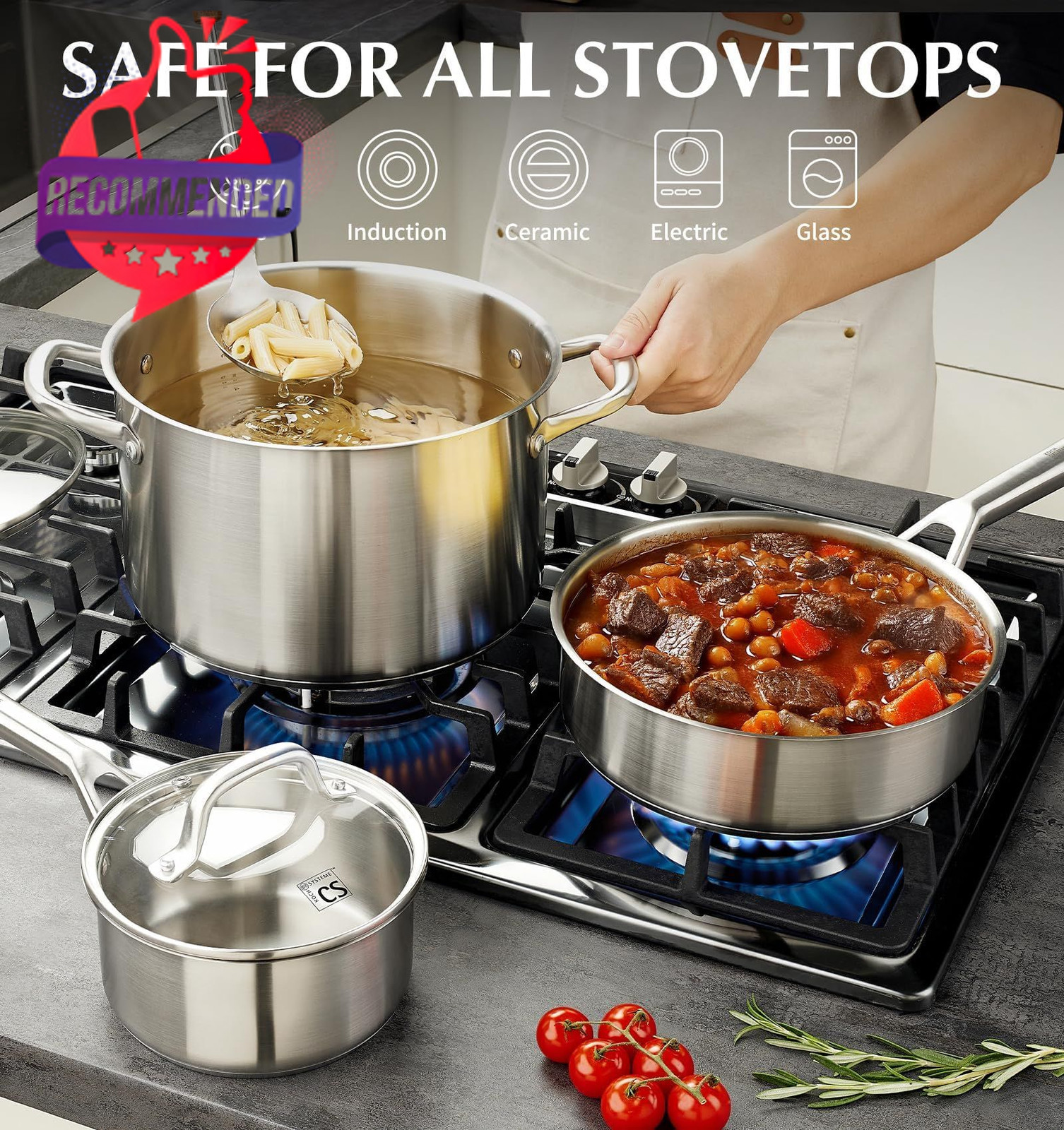 Stainless Steel Cookware Set 17 Piece, Professional 18/10 Stianless Steel Pots