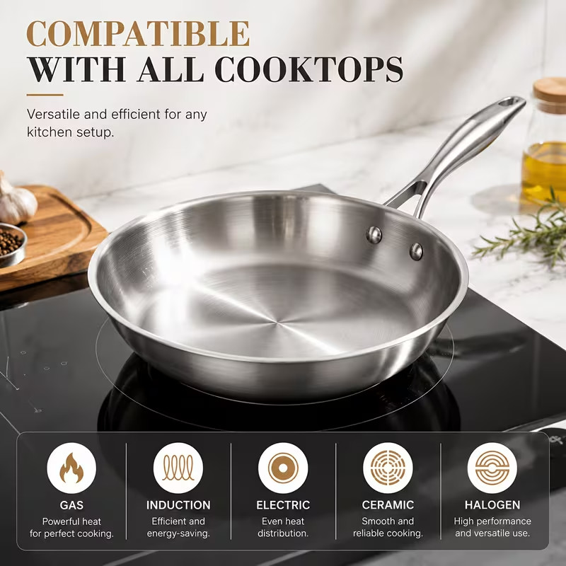 Stainless Steel Premium Triple-Layer 8-in Frying Pan Rapid and Even Heating.