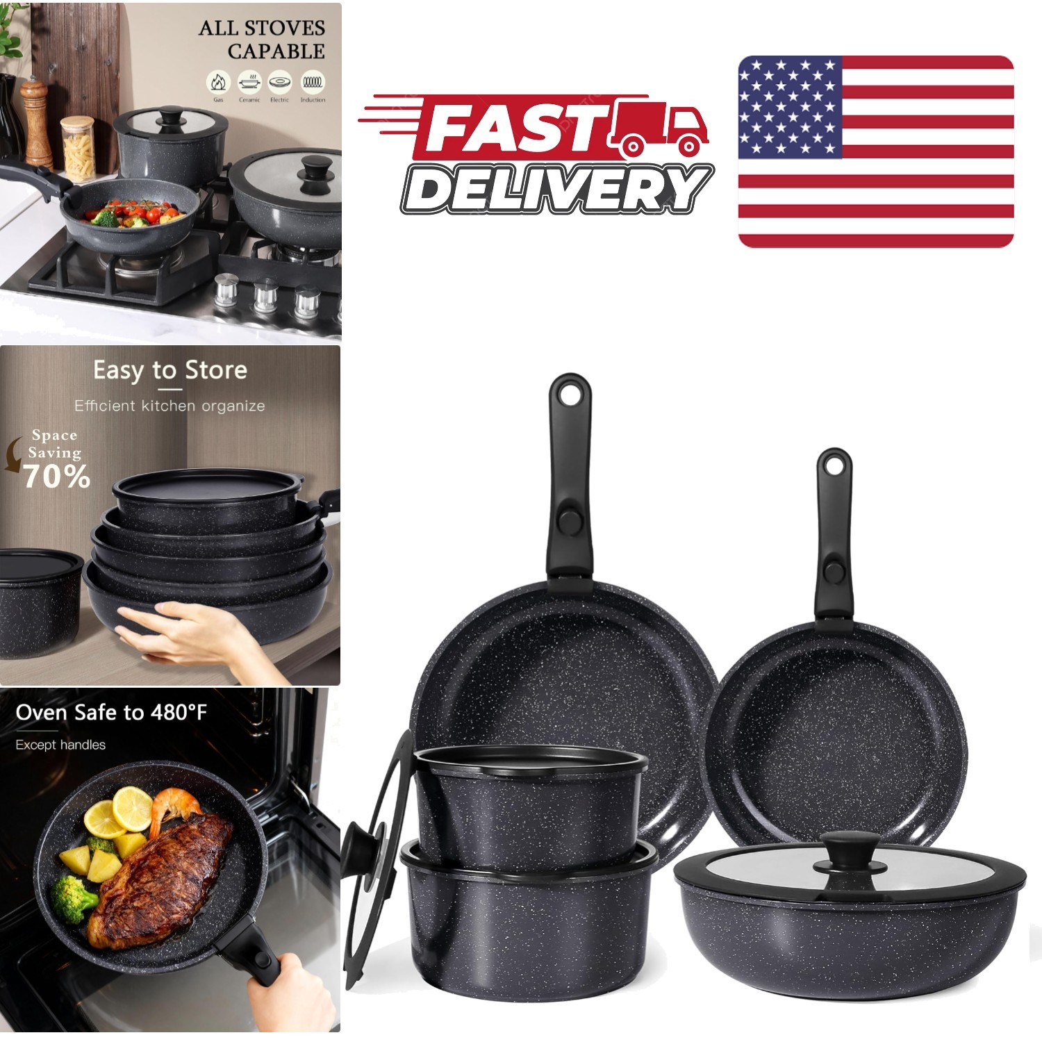 Non Toxic Ceramic Cookware Set 11 Pieces Induction Safe Dark Gray Pots and Pans