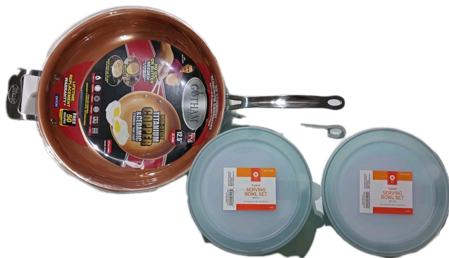 Brand New Gotham Steel Stainless Steel Frying Pan And 2 Serving Bowl Sets