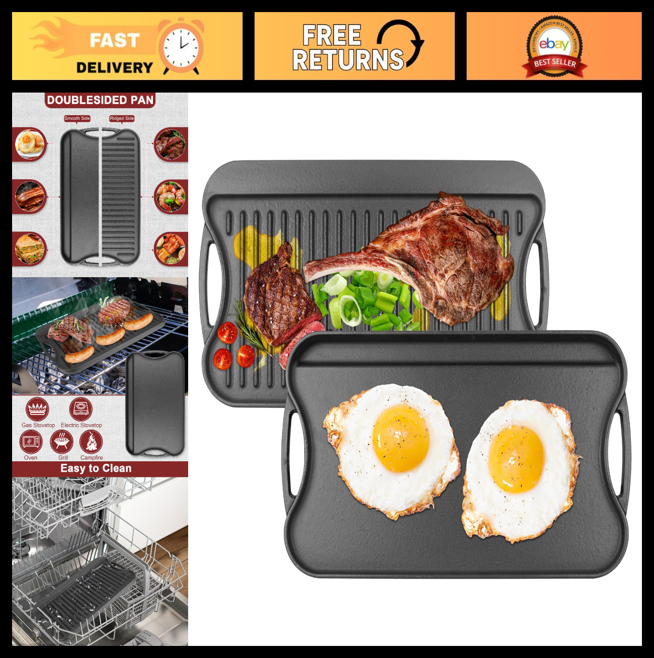 17″x10″ Reversible Cast Iron Grill/Griddle Pan – Pre-Seasoned, Non-Stick, Double