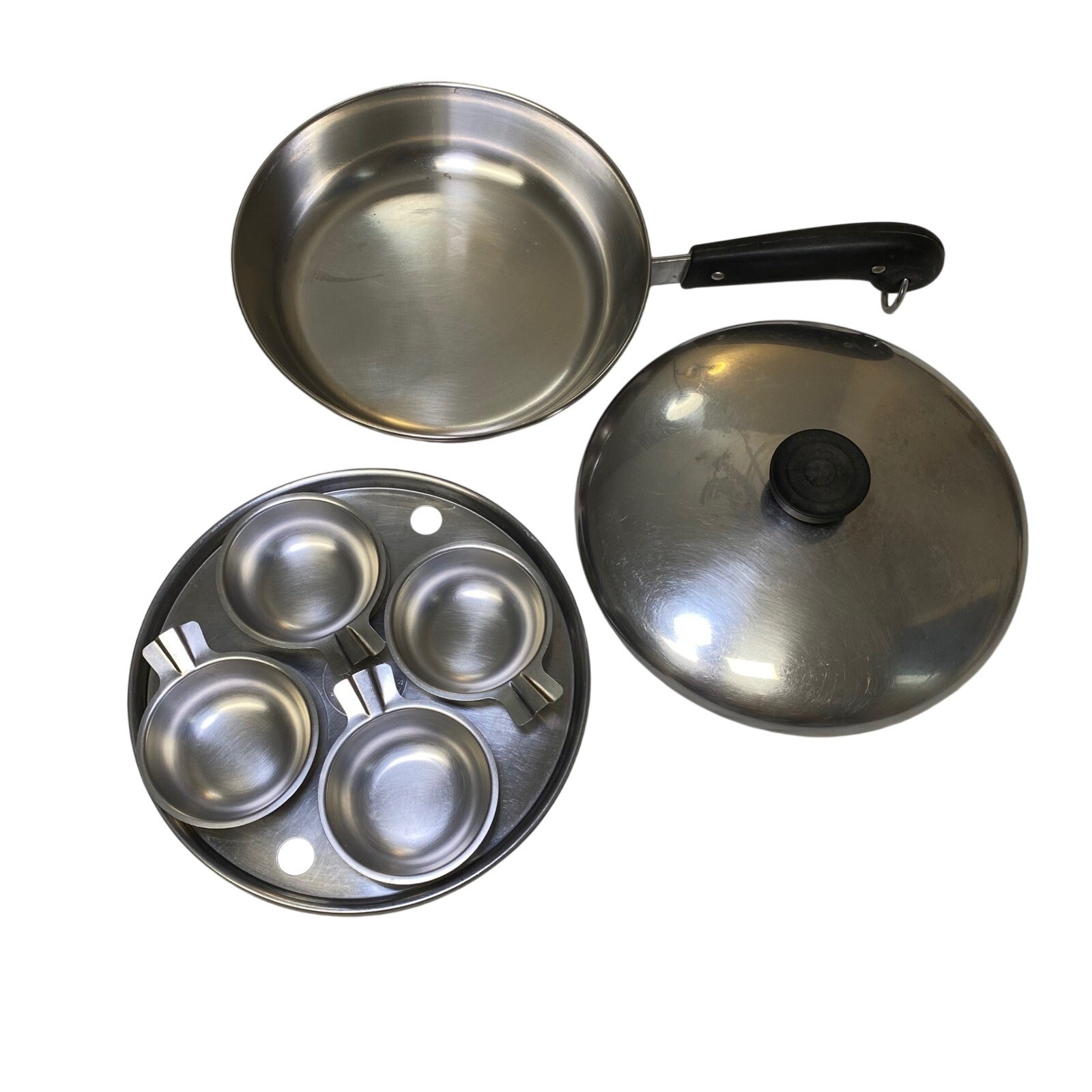 Vintage Revere Ware 8″ Copper Bottom Egg Poacher Pan 4 Cup Set w/Lid USA