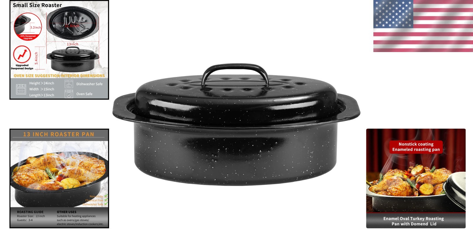 Dishwasher Safe 13″ Enameled Roasting Pan – Ideal for 4-5 Lb Turkey & Chicken