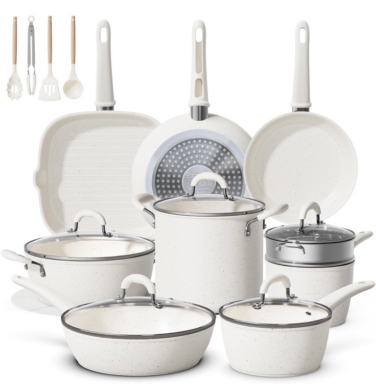 24-Piece White Ceramic Nonstick Pan Set w/lids, Steamer—$129 on Amazon, SAVE 50%