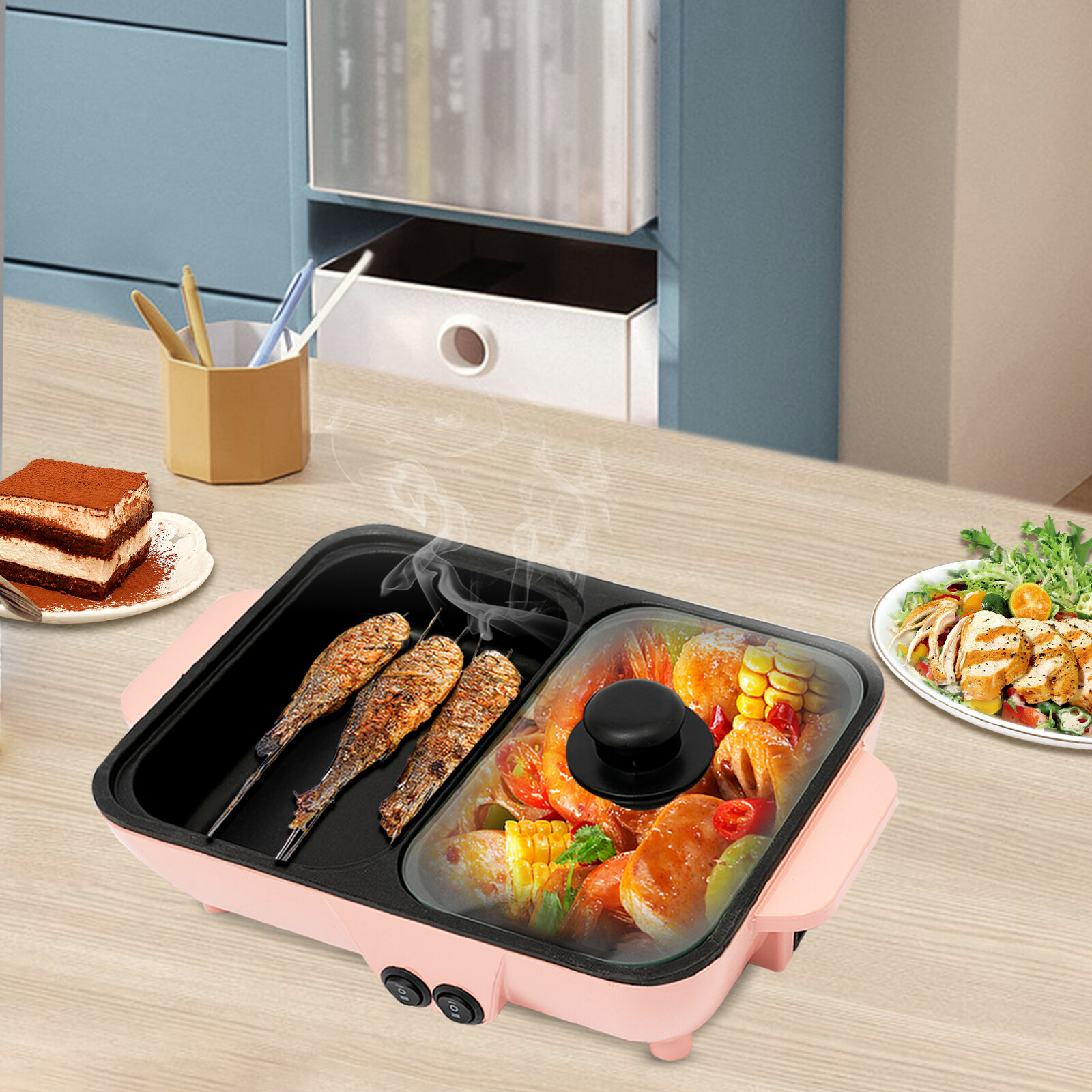 Portable Electric 2in1 Hot Pot Dual Temp Control Grill Non-Stick Teppanyaki Pan