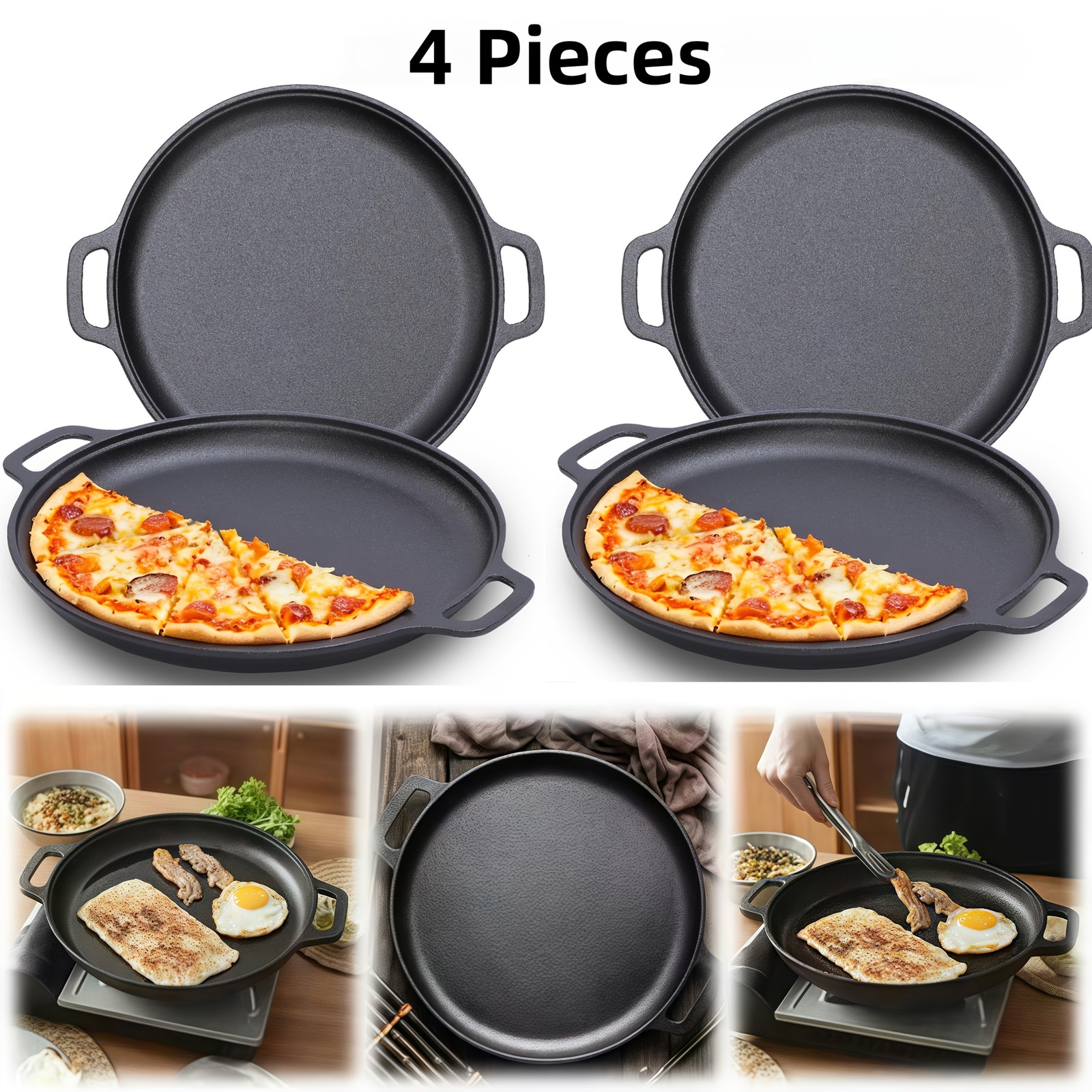 1/2/4pcs Pre-Seasoned Cast Iron Skillet with Dual Loop Handles