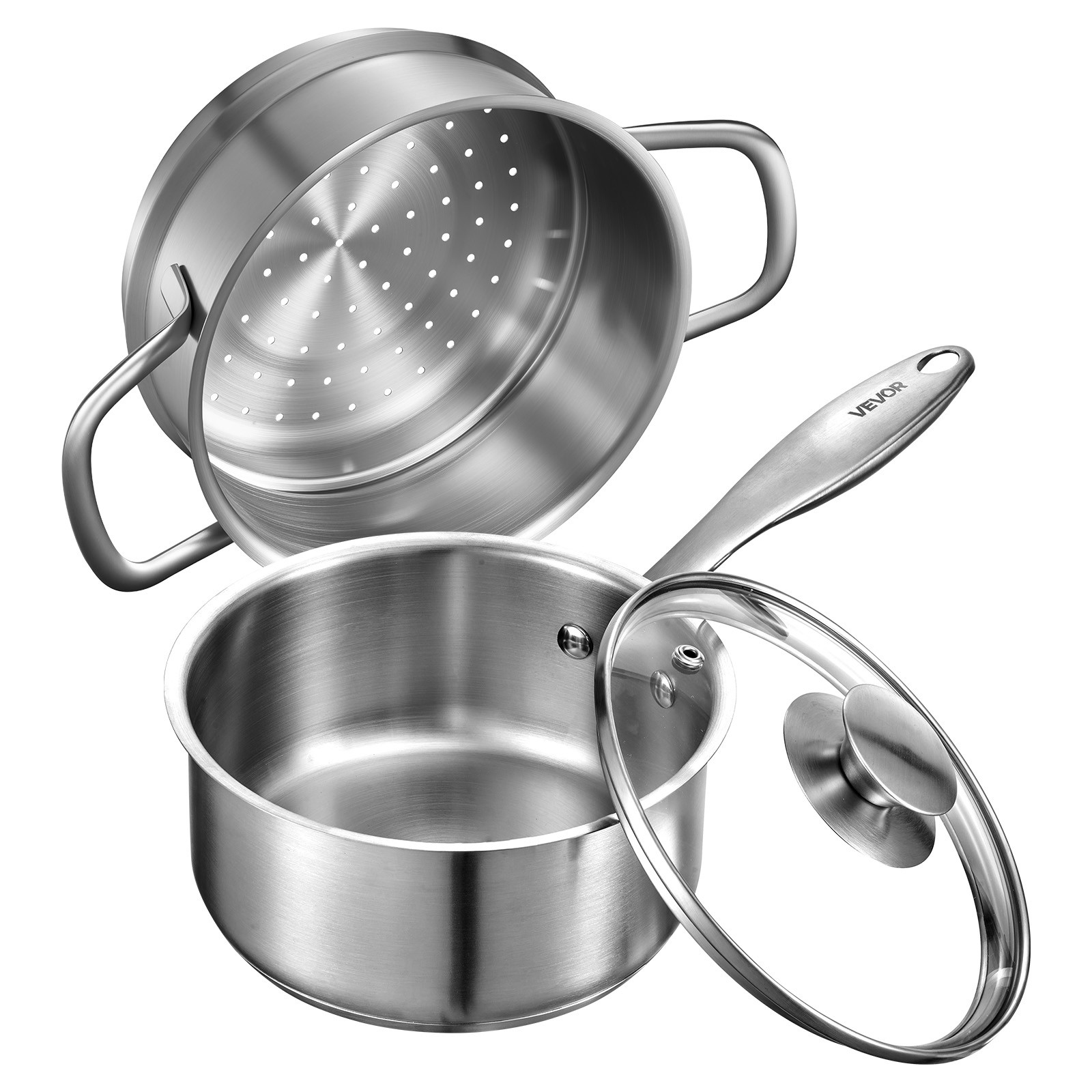 Uimoso 1.5 QT Stainless Steel Saucepan with Steamer and Glass Lid