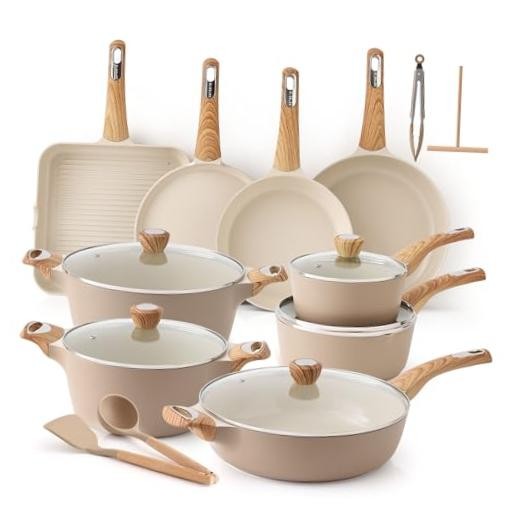 Ceramic Cookware Sets, Pots and Pans Set Non stick, Non toxic Ceramic Taupe