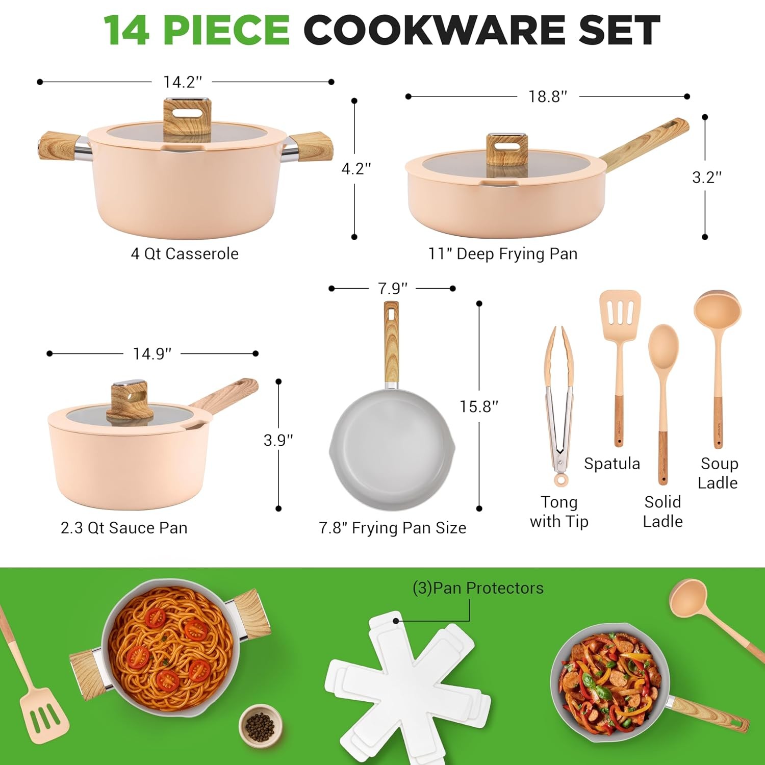 14pc Pink Nonstick Ceramic Cookware Set 14 Piece with Utensils Nonstick Cookware