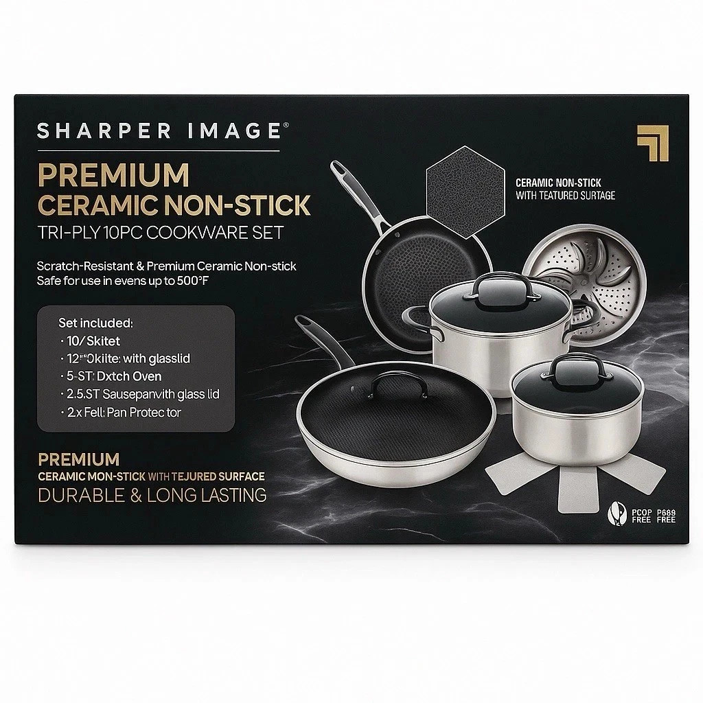 Sharper image Prem Cookware set 10pc ceramic non stick No PFOA AS stainless New