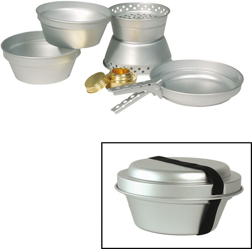 Mil-Tec Aluminum Cook Set Alcohol Stove Windscreen Frying Pan Gripper 2 Bowls