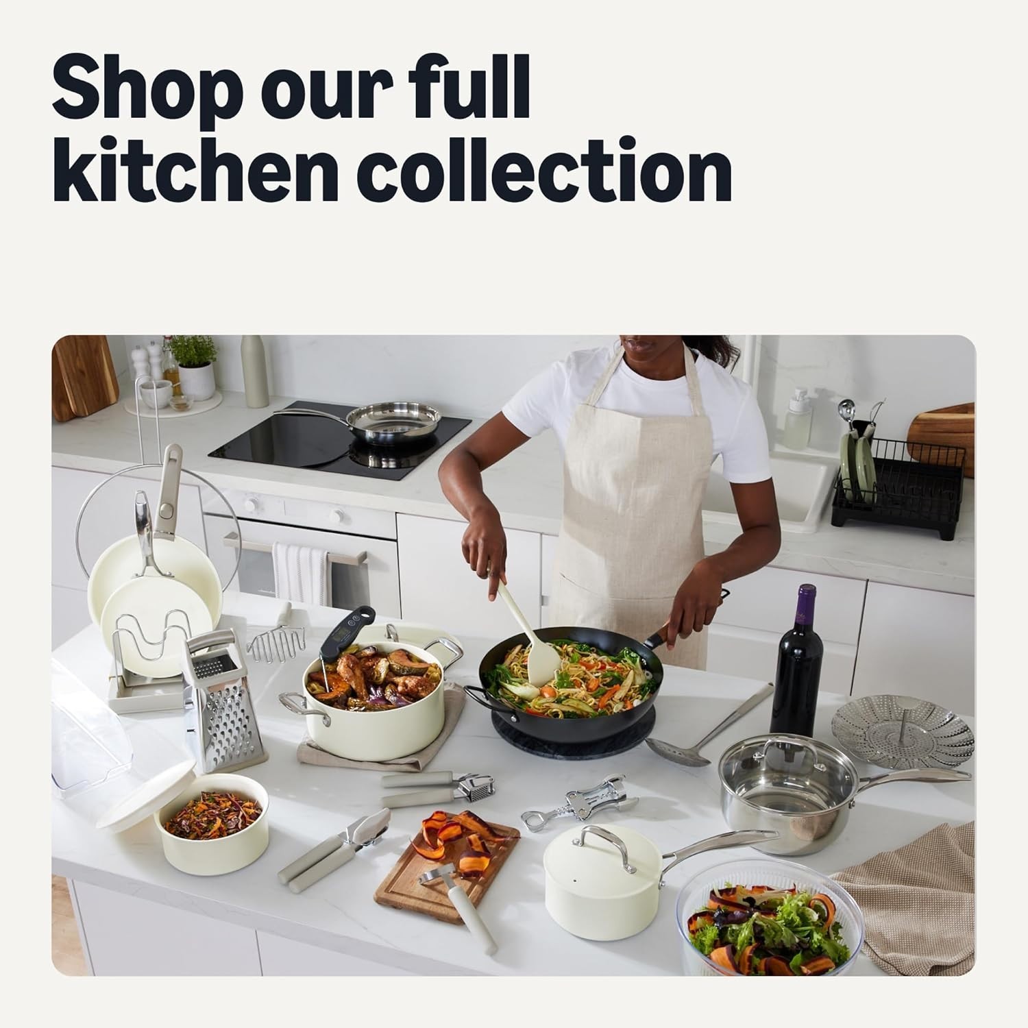 Amazon Basics Ceramic Nonstick Pots and Pans Set, 11 Piece, Linen Gray