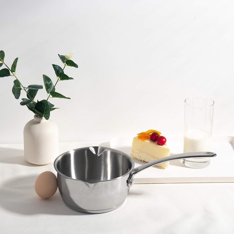 Tri-Ply Stainless Steel Saucepan Dual Pour Spouts Ergonomic Handle Compact Size
