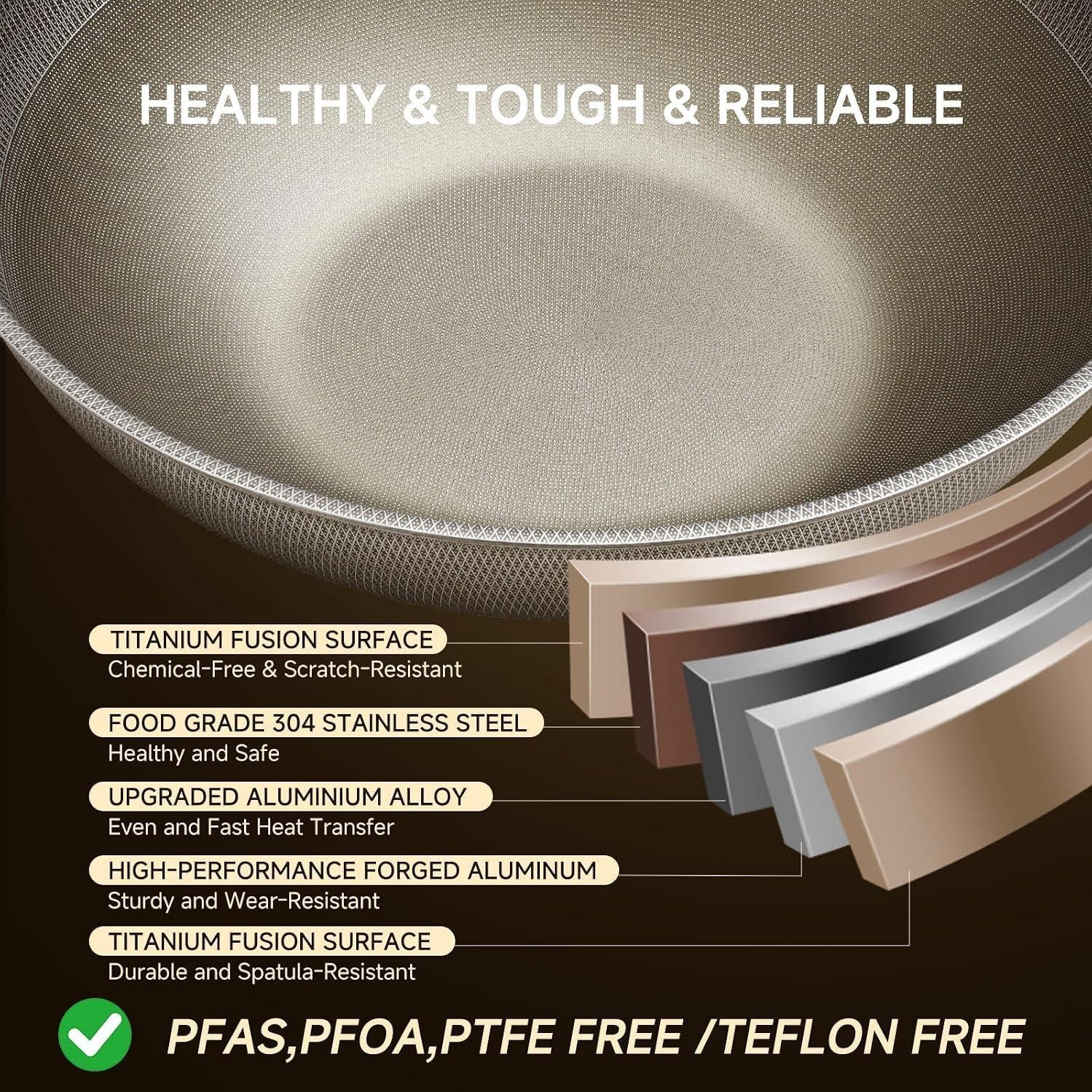 13″ Titanium Wok Pan with Lid,Non-stick Flat Bottom Titanium | PFAS & PFOA