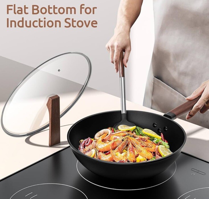 Carbon Steel Wok – Including Glass Cover and Silicone Spatula, 13-Inch