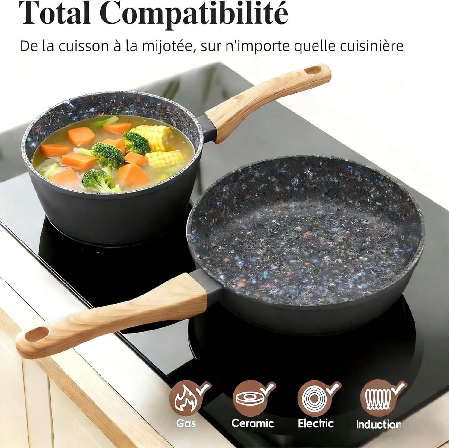 Nonstick 3-Piece Cookware Set | Frying Pan & Pots | Induction & Dishwasher Safe
