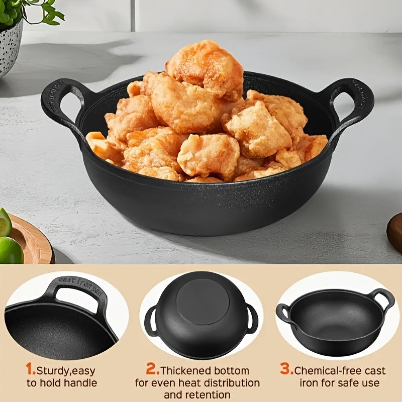 Cast Iron Wok with Handles, Pre-seasoned Cast Iron Grilling Wok, Use in the Oven