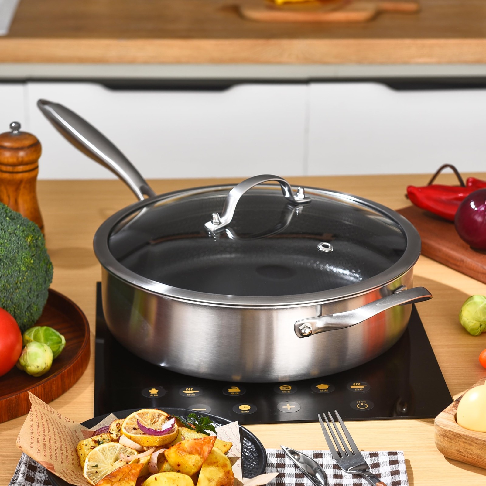 LOLYKITCH 5 QT Hybrid Ceramic Coating Non Stick Tri-Ply 5 with Lid, Silver