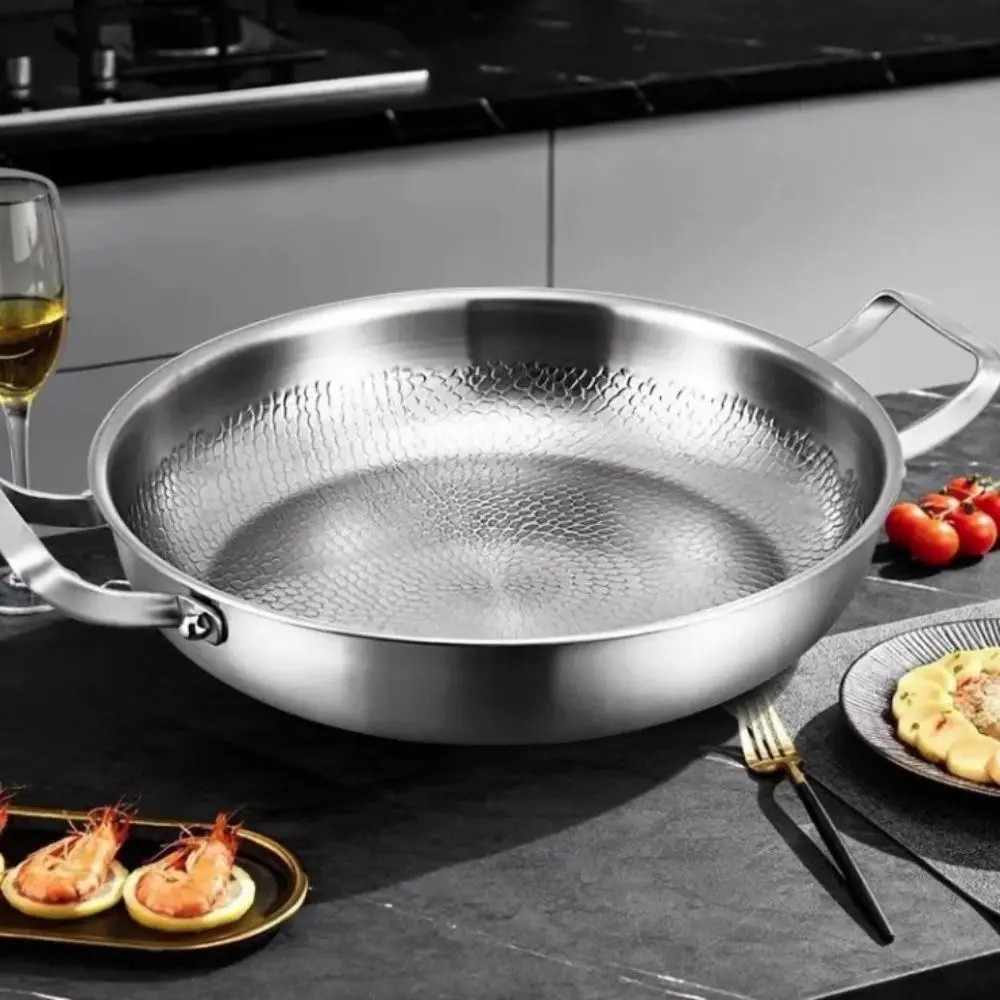 3 Ply Titanium Clad Stainless Steel Frying Pan Non Toxic Non Stick Hammered