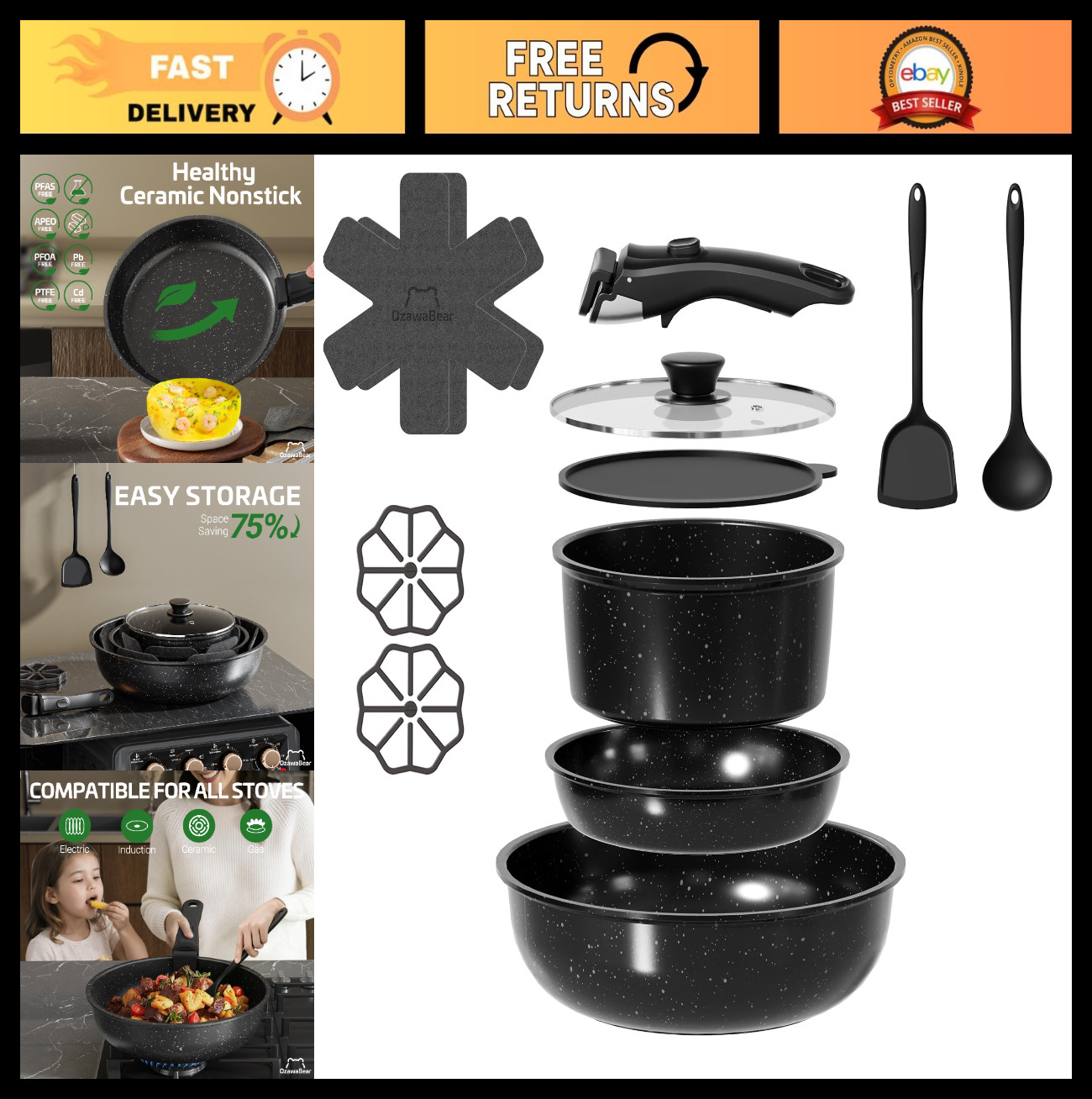 12 Pcs Non-Stick Ceramic Cookware Set, Healthy Induction Pots & Pans, Oven Safe,