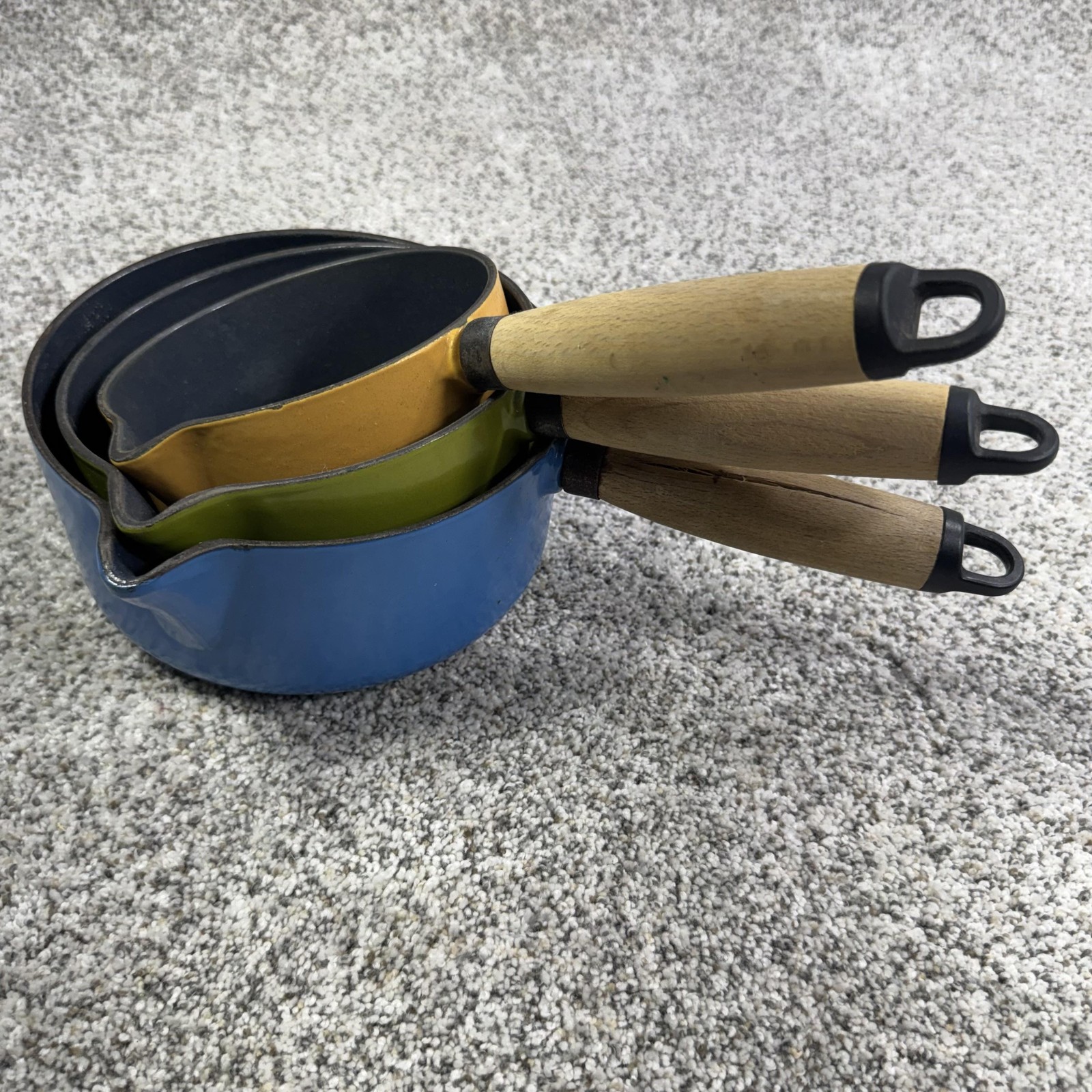 Vintage French Enamel Cast Iron Saucepan Set Wood Handles Blue Green Yellow