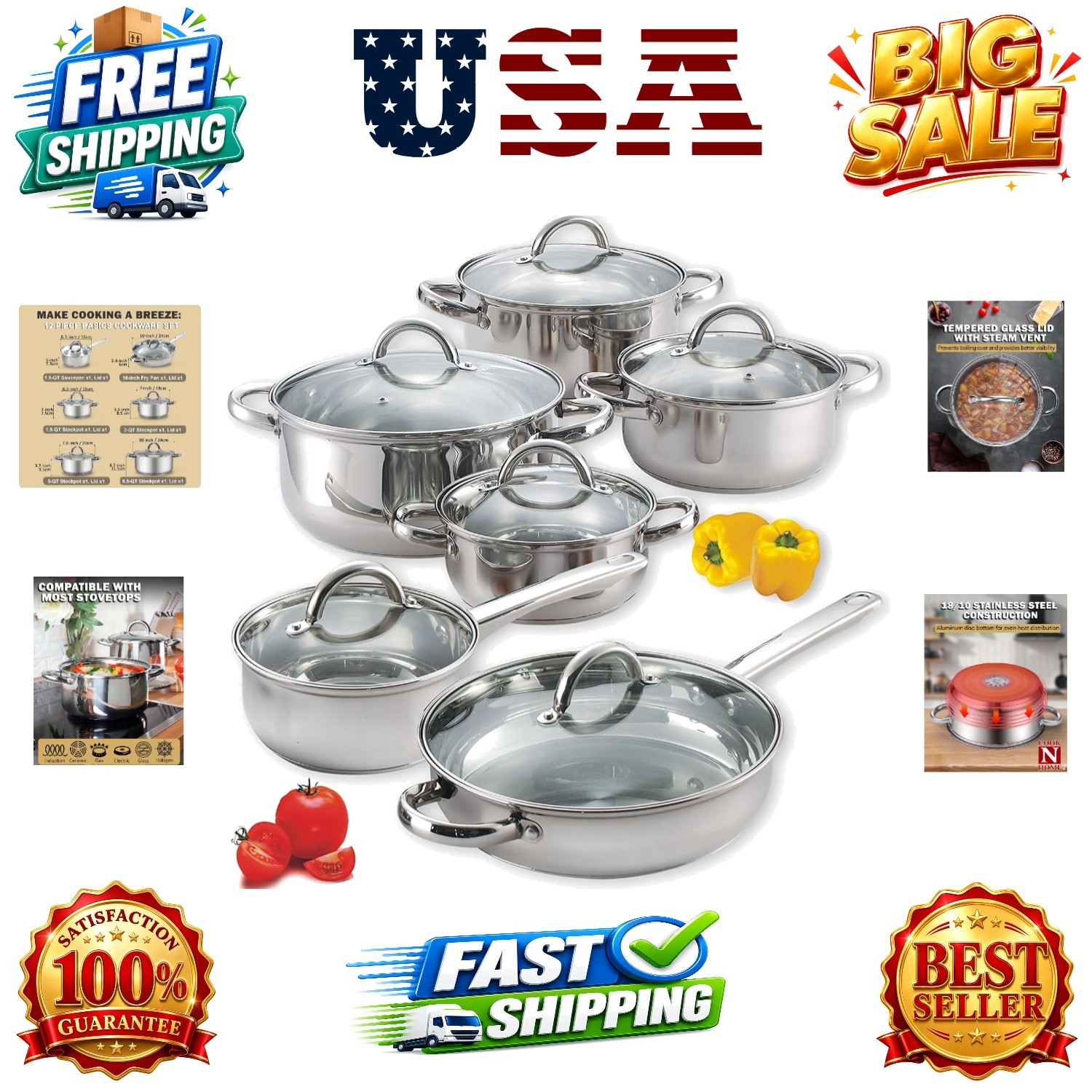 Kitchen Cookware Sets, 12-Piece Basic Stainless Steel Pots and Pans, Silver |…
