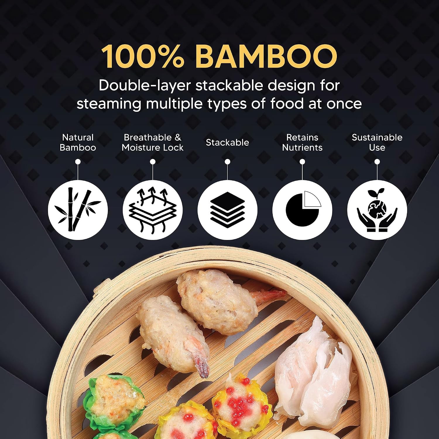Bamboo Food Steamer W/ Lid 100% Natural Bamboo Basket Steamers Cooking Dumplings