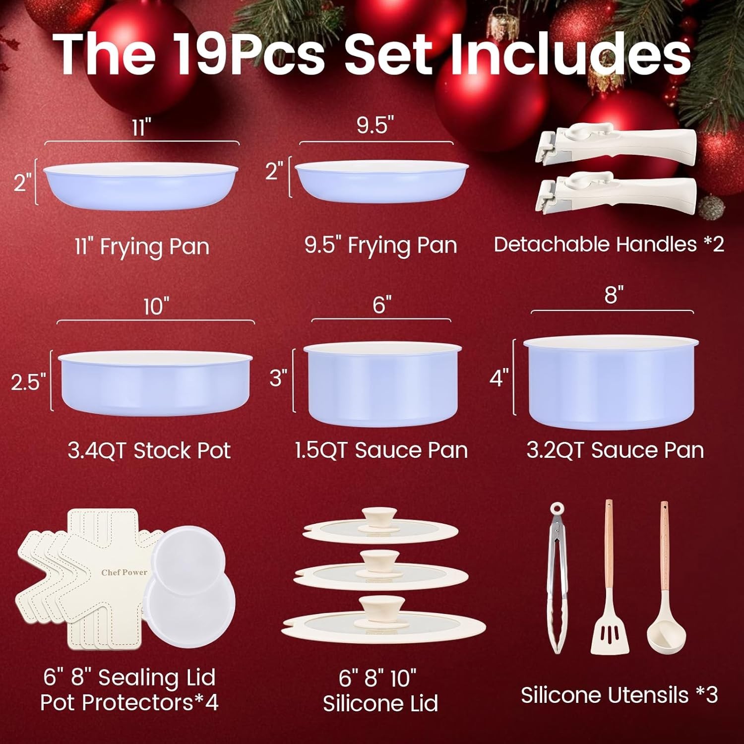 Chef Power 19-Piece Ceramic Nonstick Pots and Pans Set Detachable Handle Oven…