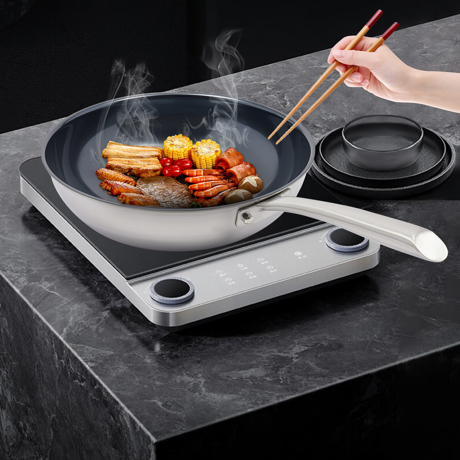 Modern Round 11.8” Wok Surface Blue Diamond Sanding Treatment Frying Pan W/ Lid