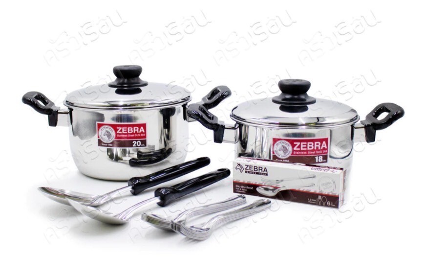 Thai Zebra Brand Kitchenware 2 Sauce Pots 2 Ladles 6Forks&Spoons Stainless Steel