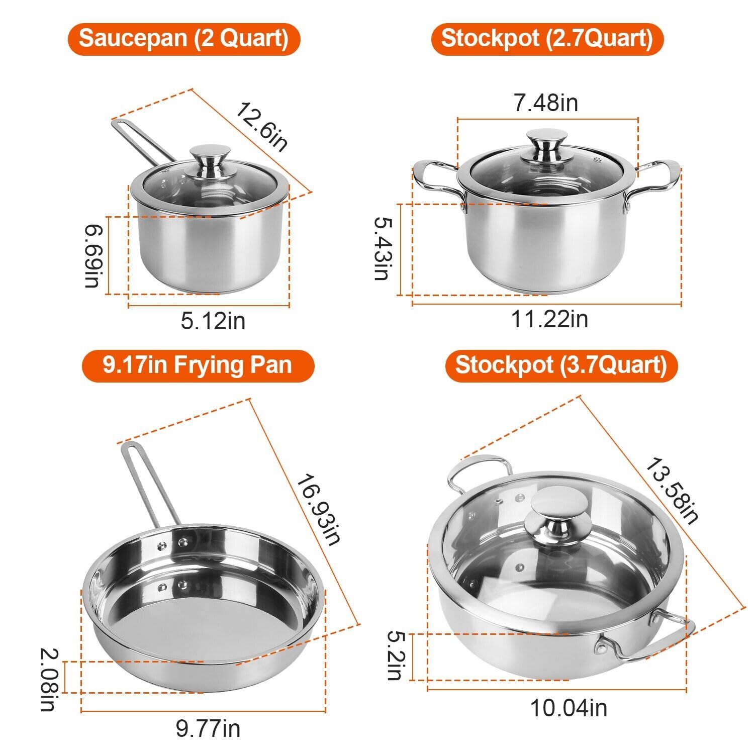 7 Pack Stainless Steel Cookware Set Induction Gas Pots Sauce Pans Frying Pan Set